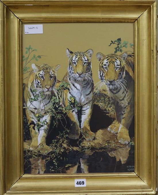 Adrien Blunt, watercolour and gouache, Tigers, signed and dated 1988 42 x 31cm.